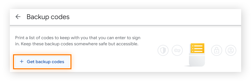 Google 帐户的两步验证部分中「备份代码」的备份代码屏幕