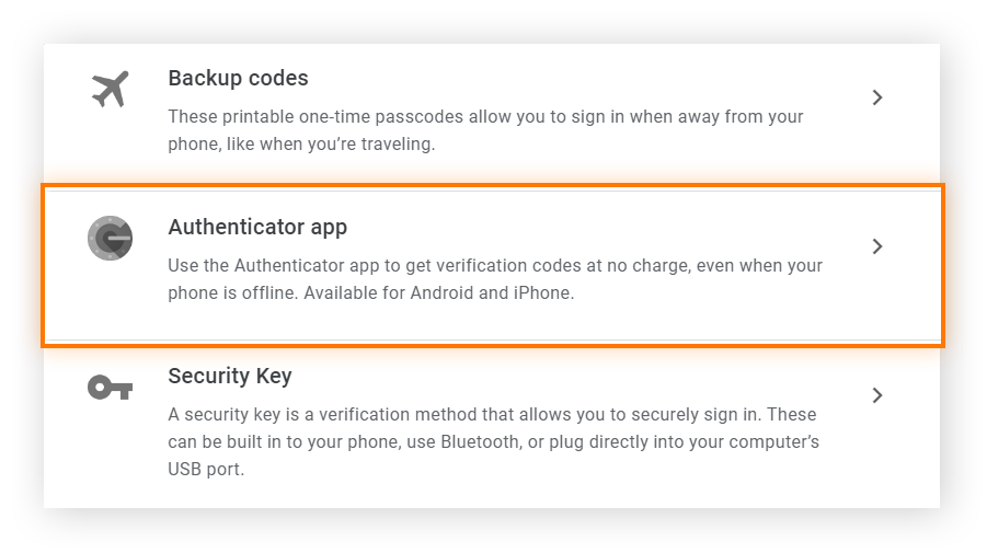 Google 帐户的两步验证部分中的验证选项