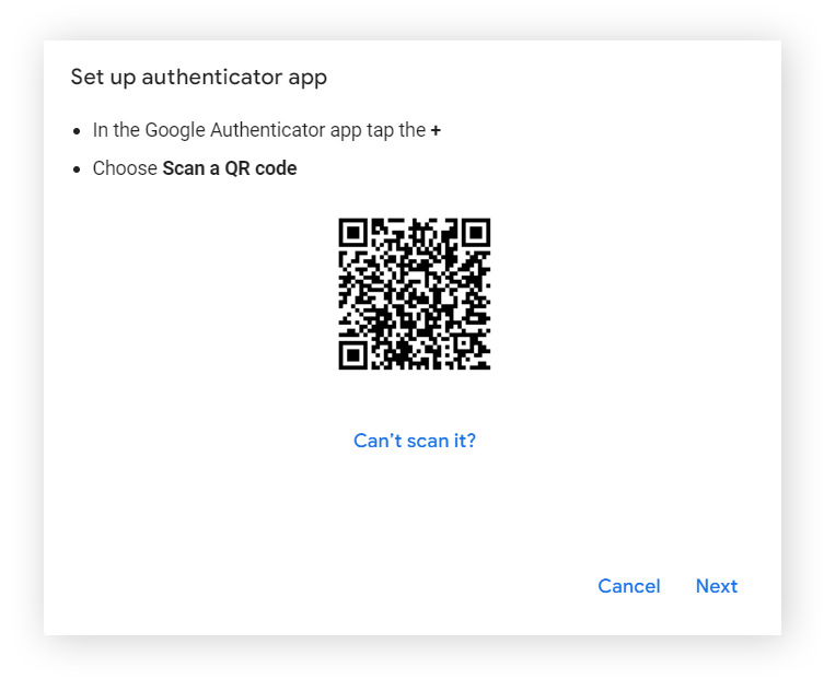设置 Google Authenticator 所需的 QR 码屏幕